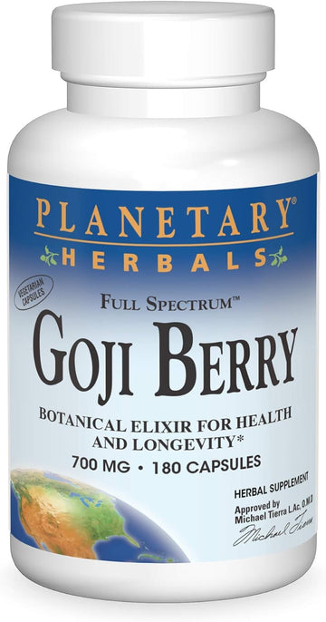 Planetary Herbals Goji Berry Full Spectrum 700mg, Botanical Elixir for Health and Longevity,180 Vegetarian Capsules