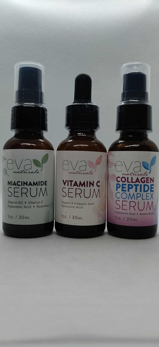Natural Firm & Glow Skincare Set Of 3 Serums – Skin Care Kit With 20% Vitamin C Serum, Peptide Complex Serum, Niacinamide Vitamin B3 Serum To Brighten Complexion And Smooth Wrinkles By Eva Naturals