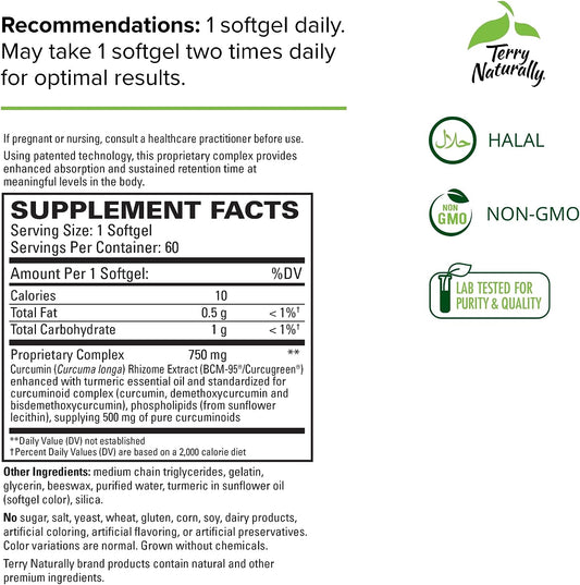Terry Naturally CuraMed 750 mg Curcumin Complex - 60 Softgels - Superior Absorption BCM-95 - Non-GMO, Gluten Free, Halal - 60 Servings