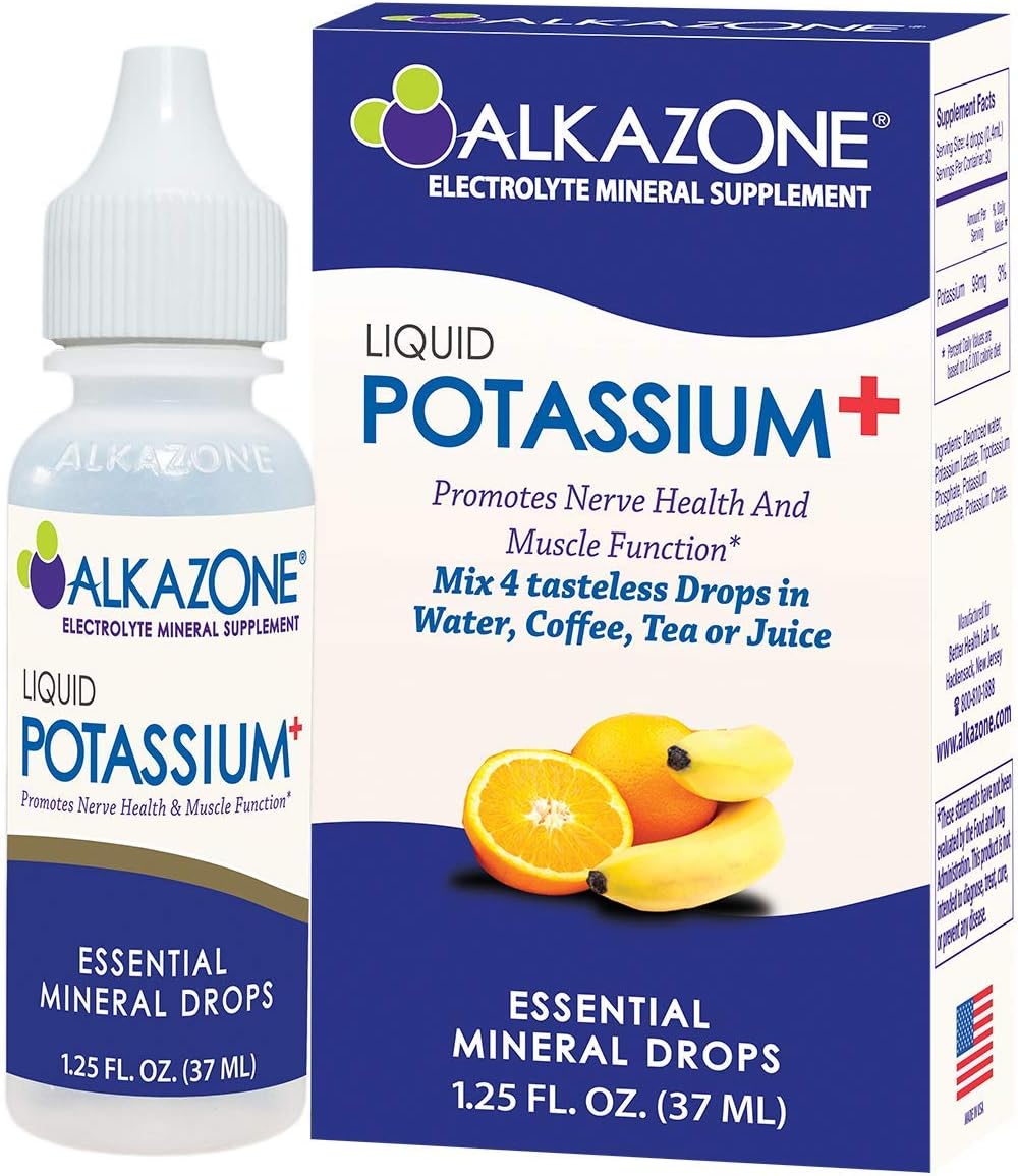 ALKAZONE Liquid Potassium+ | Liquid Supplements Have Faster Absorption Rate | Concentrated | Easiest Way to take Potassium | Tasteless Flavorless | 1.25 Oz, Clear, Pack of 1