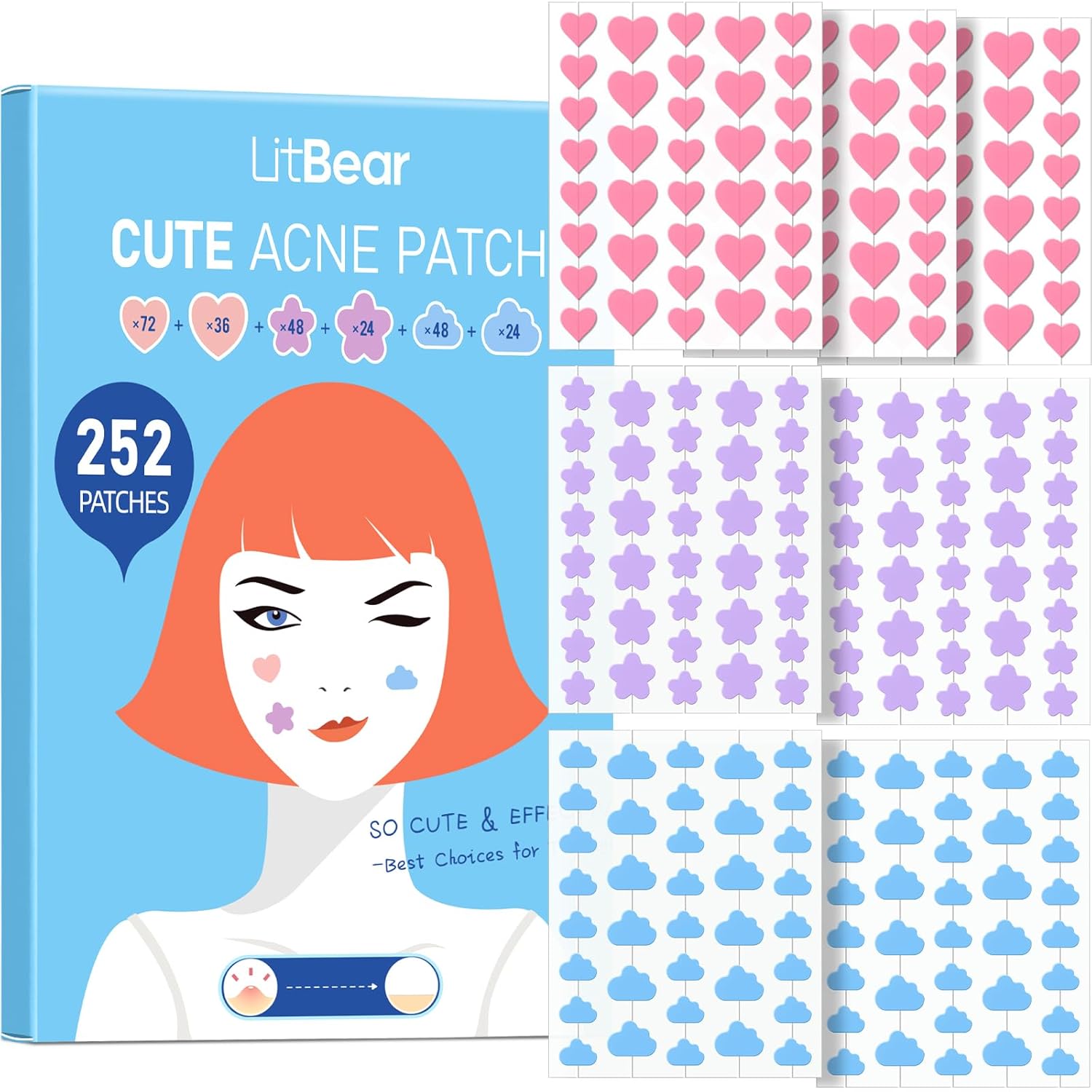 Litbear Acne Pimple Patch, 360 Dots 3 Shaped Colors Pimple Patches With Salicylic Acid, Tea Tree Oil & Calendula Oil, Hydrocolloid Acne Patch For Face, Blemish, Cute Zit Patch Pimple Sticker Acne Dots