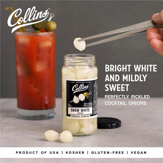Collins Gourmet Snow White Cocktail Onion - Pickled Onion jar for Cocktails, Bloody Mary ingredients, Meat and Cheese Trays and Snacks - Pickled Onions 8oz