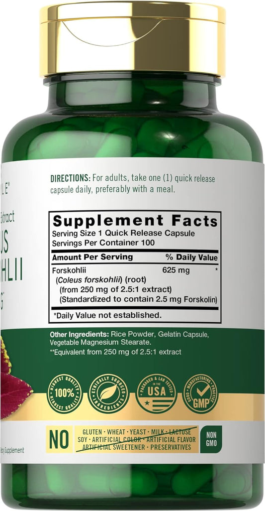Coleus Forskohlii Capsules | 625mg | 100 Count | Non-GMO & Gluten Free Standardized Extract | Forskolin Supplement | by Carlyle