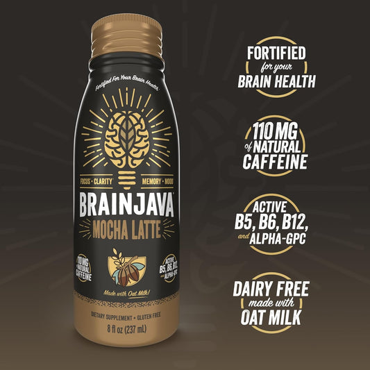 Brainjava Oat Milk Mocha Latte Ready To Drink Coffee, 4 Pack, Fair Trade Arabica Coffee, 110Mg Caffeine, L-Theanine, Potassium, B Vitamins, For Focus, Clarity, Gluten Free, Vegan, 8 Fl Oz Bottles
