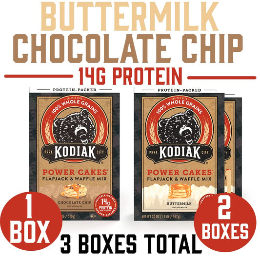 Kodiak Cakes Power Cakes Variety Pack - Protein Pancake Mix Just Add Water - 100% Whole Grain Flapjack and Protein Waffle Mix - Buttermilk (2, 20oz) and Chocolate Chip (1, 18oz) Pancake Mix Bulk