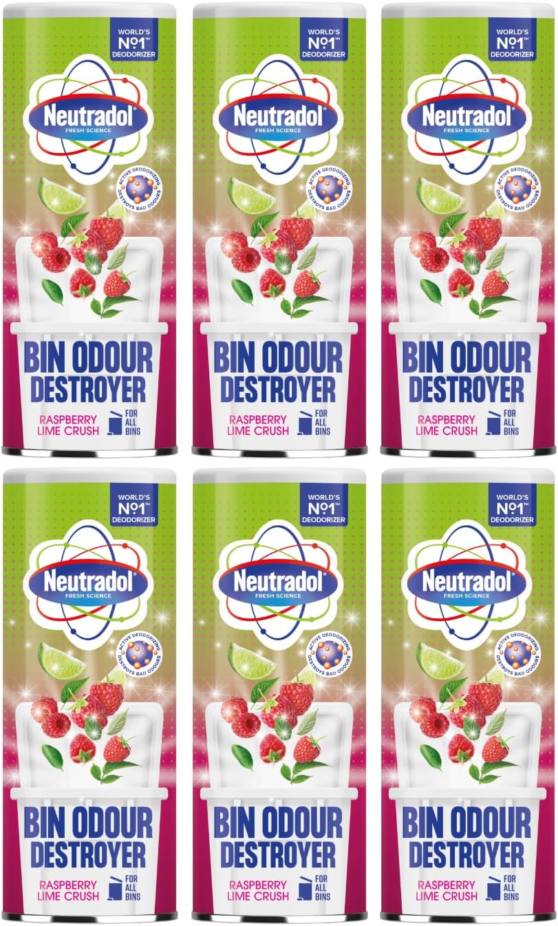 Neutradol Dustbin Odour Destroyer, Bin Freshener Deodorising Powder, Odour Eliminator For Indoor & Outdoor Bins, Raspberry Lime Crush, Multipack Of 6 X 350G
