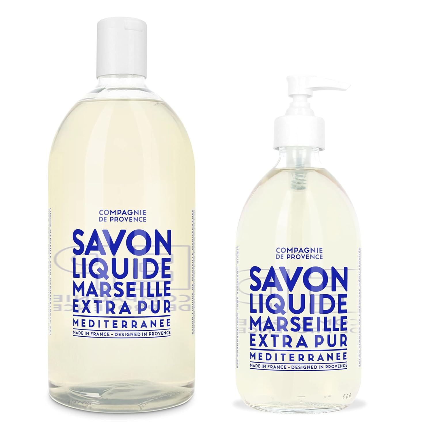 Compagnie De Provence Savon De Marseille Extra Pure Liquid Soap - Mediterranean Sea - 16.7 Fl Oz Glass Pump Bottle And 33.8 Fl Oz Plastic Bottle Refill