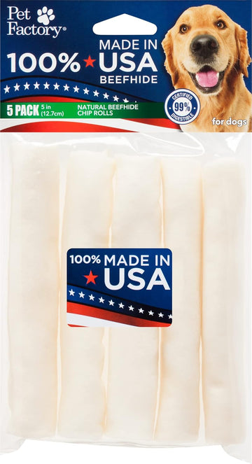 Pet Factory 100% Made In Usa Beefhide 5" Chip Rolls Dog Chew Treats - Natural Flavor, 5 Count/1 Pack