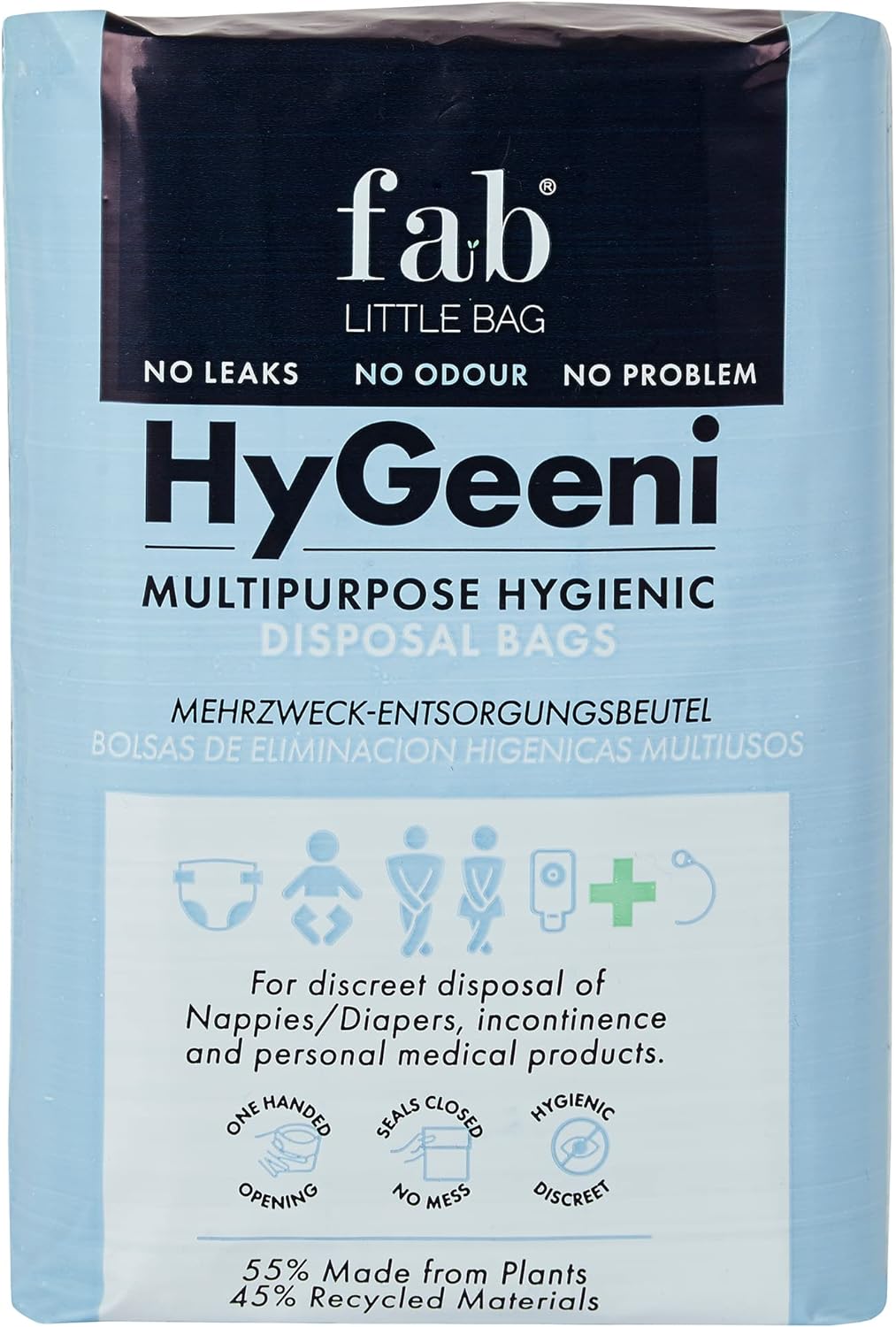 Fab Little Bag HyGeeni Nappy Disposal Bags, 50 Pack - Multipurpose Sanitary Bags for Nappies, Adult Nappies, Incontinence, Medical Waste, Ostomy Bag - No Mess, No Odour - Eco-Friendly
