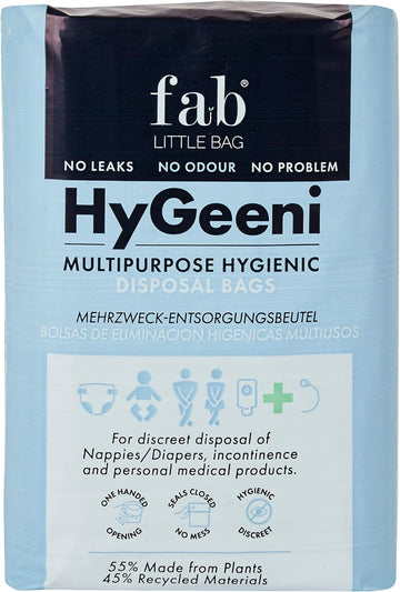 Fab Little Bag HyGeeni Nappy Disposal Bags, 50 Pack - Multipurpose Sanitary Bags for Nappies, Adult Nappies, Incontinence, Medical Waste, Ostomy Bag - No Mess, No Odour - Eco-Friendly