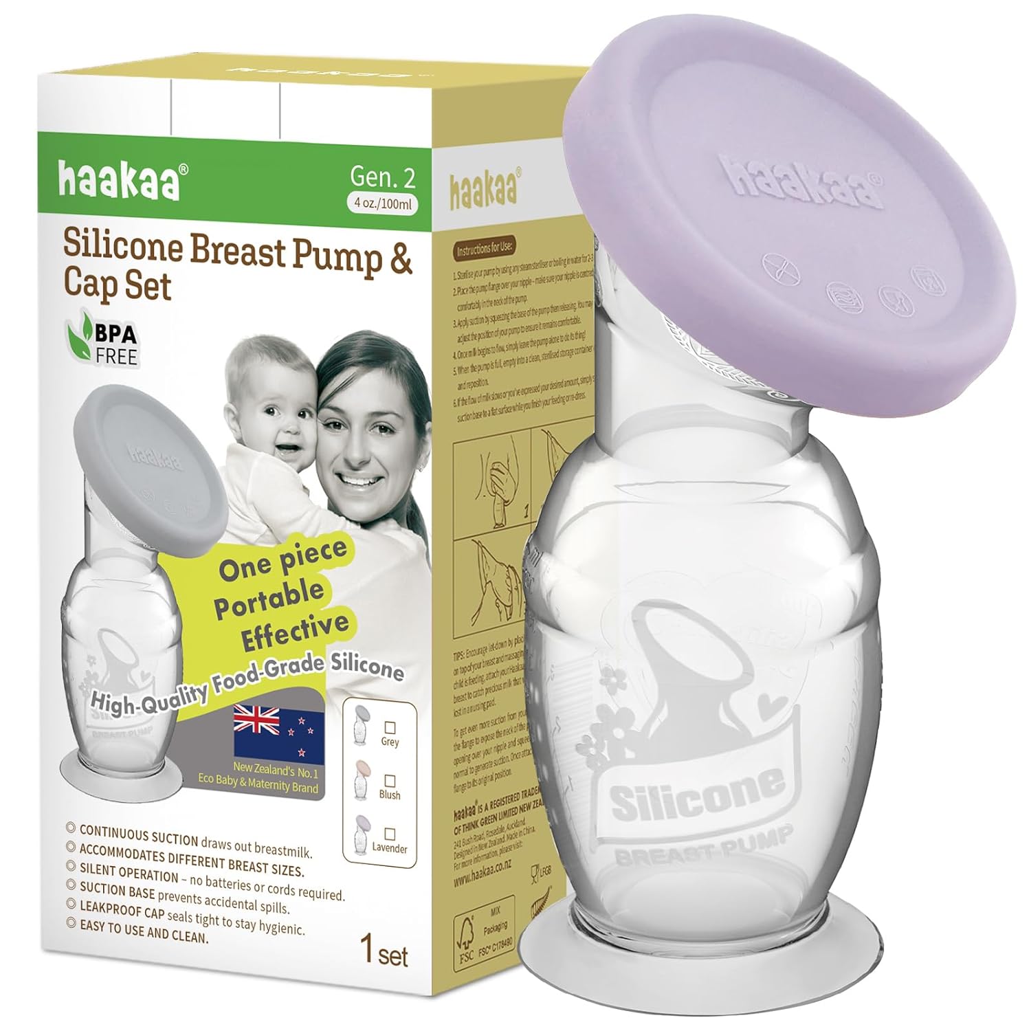 Haakaa Manual Breast Pump with Base 4 Fl Oz/100ml+Lid (Lavender), Gen.2