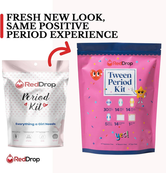 RedDrop 72 PC Tween and Teen Period Kit - First Period Kit for Girls 9-12 - Includes Everyday Pads, FlowDay & FlowNight Pads, Maxi Pads, Wipes, & More