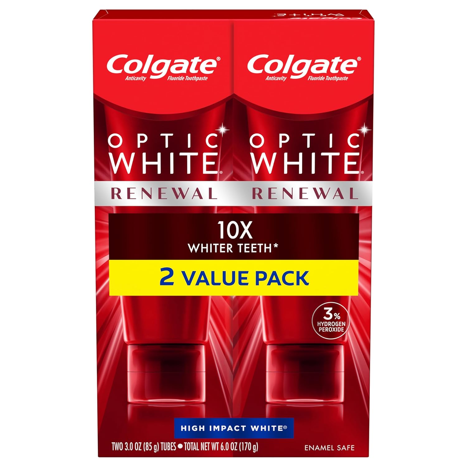 Colgate Optic White Renewal Teeth Whitening Toothpaste With Fluoride, 3% Hydrogen Peroxide, High Impact White, Mint - 3 Ounce (2 Pack)