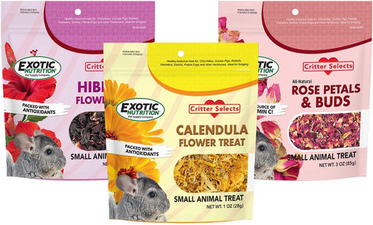 Exotic Nutrition Flower Treat 3 Pack - Healthy Assortment - Hibiscus, Calendula, Rose - For Squirrels, Guinea Pigs, Rabbits, Chinchillas, Prairie Dogs, Degus, Hamster, Gerbils, & Other Herbivores