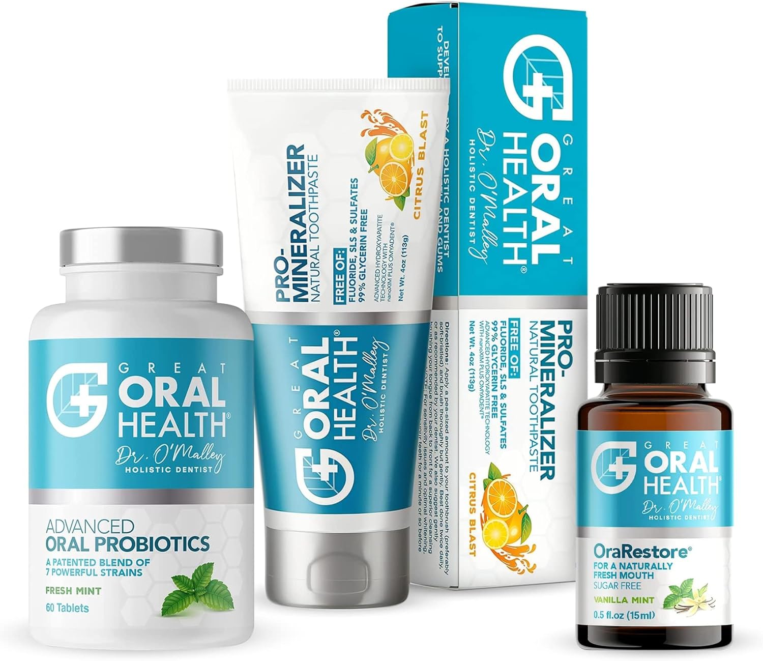 Great Oral Health Dentist Formulated Trio Bundle - Remineralizer Nano-Hydroxyapatite Citrus Blast Toothpaste - Mint Oral Probiotics For A Healthy Microbiome- Orarestore Oral Health Essential Oil Blend