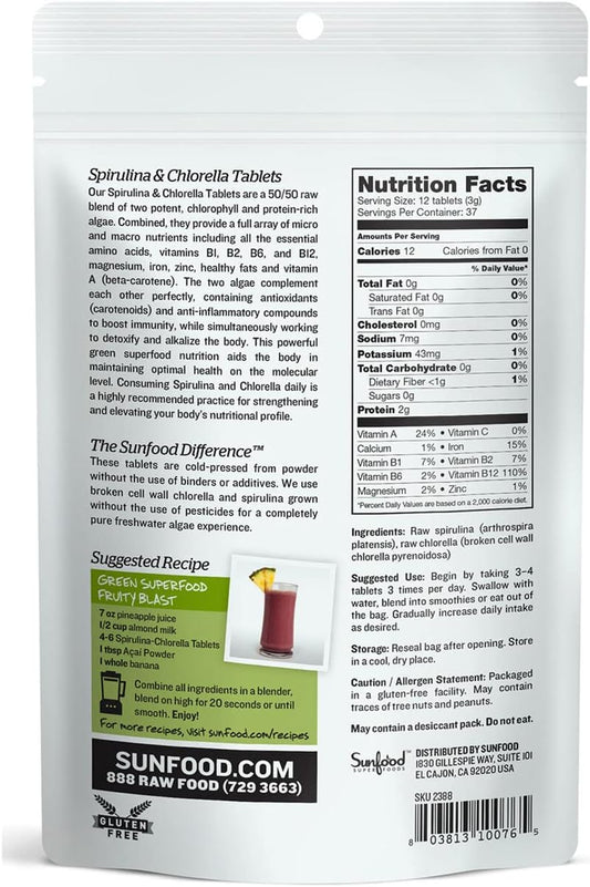 Sunfood Premium Spirulina Chlorella Tablets | 456 Tablets, 4oz Bag | 50/50 Blend | Broken Cell Wall, Rich in Natural Vegan Protein & Chlorophyll