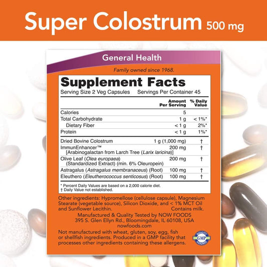 Now Foods Supplements, Super Colostrum 500 Mg, Naturally Occurring Immunoglobulins With Immunenhancer™, Olive Leaf Extract And Astragalus Root, 90 Veg Capsules