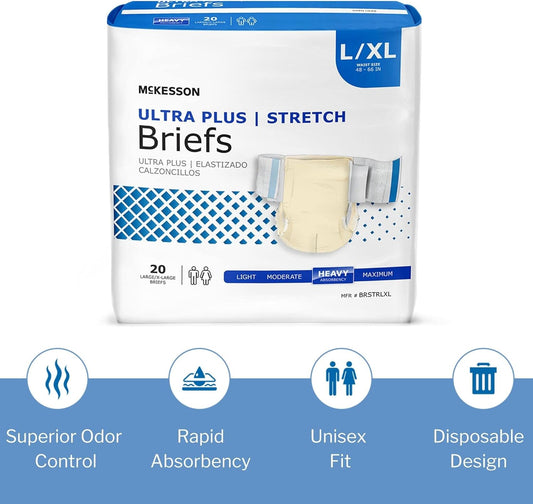 Mckesson Ultra Plus Stretch Briefs, Incontinence, Heavy Absorbency, Xl, 20 Count, 1 Pack