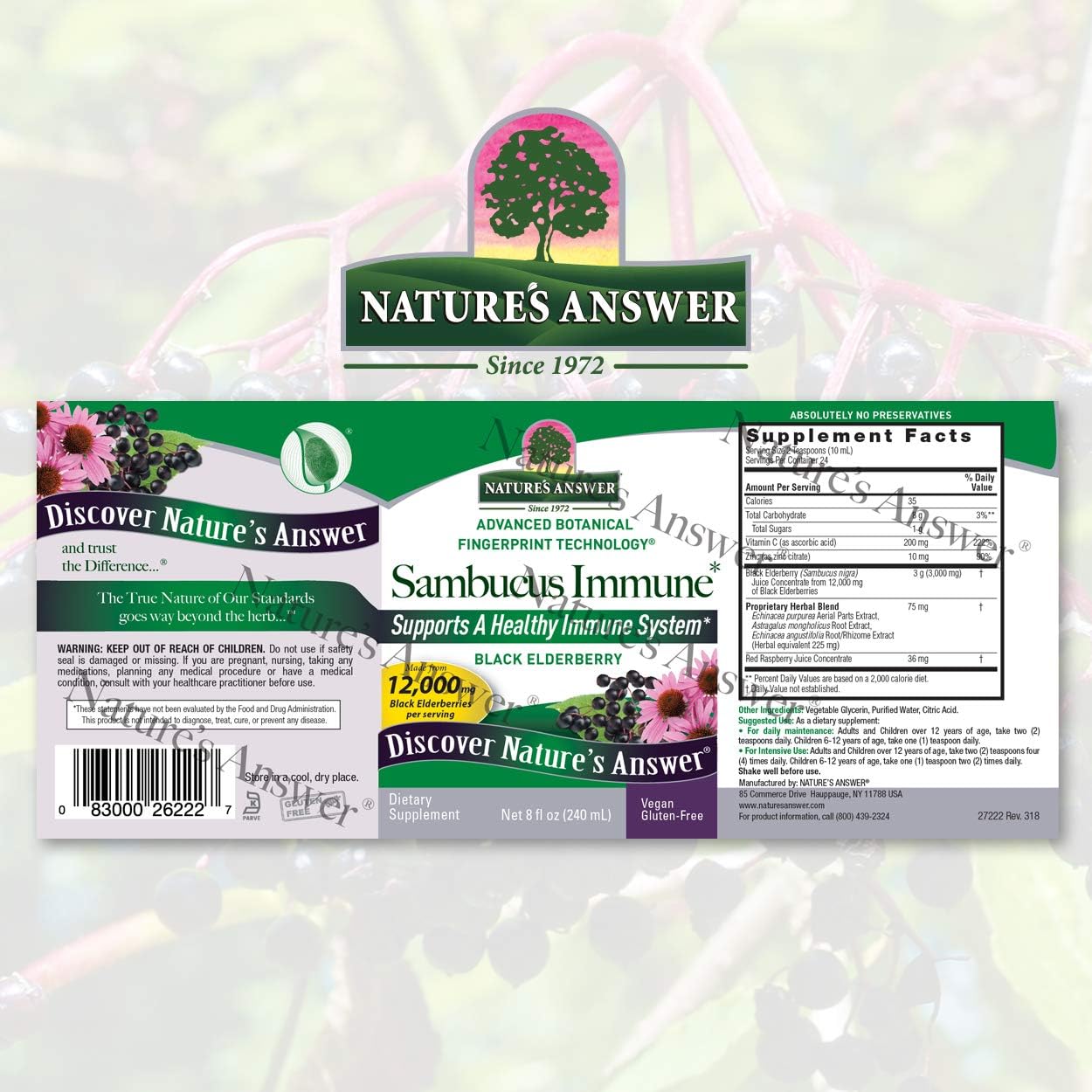 Nature's Answer Alcohol-Free Sambucus Immune Support, 8   - Made from 12,000 mg Black Elderberry, Infused with Echinacea and Astragalus Zinc and Vitamin C