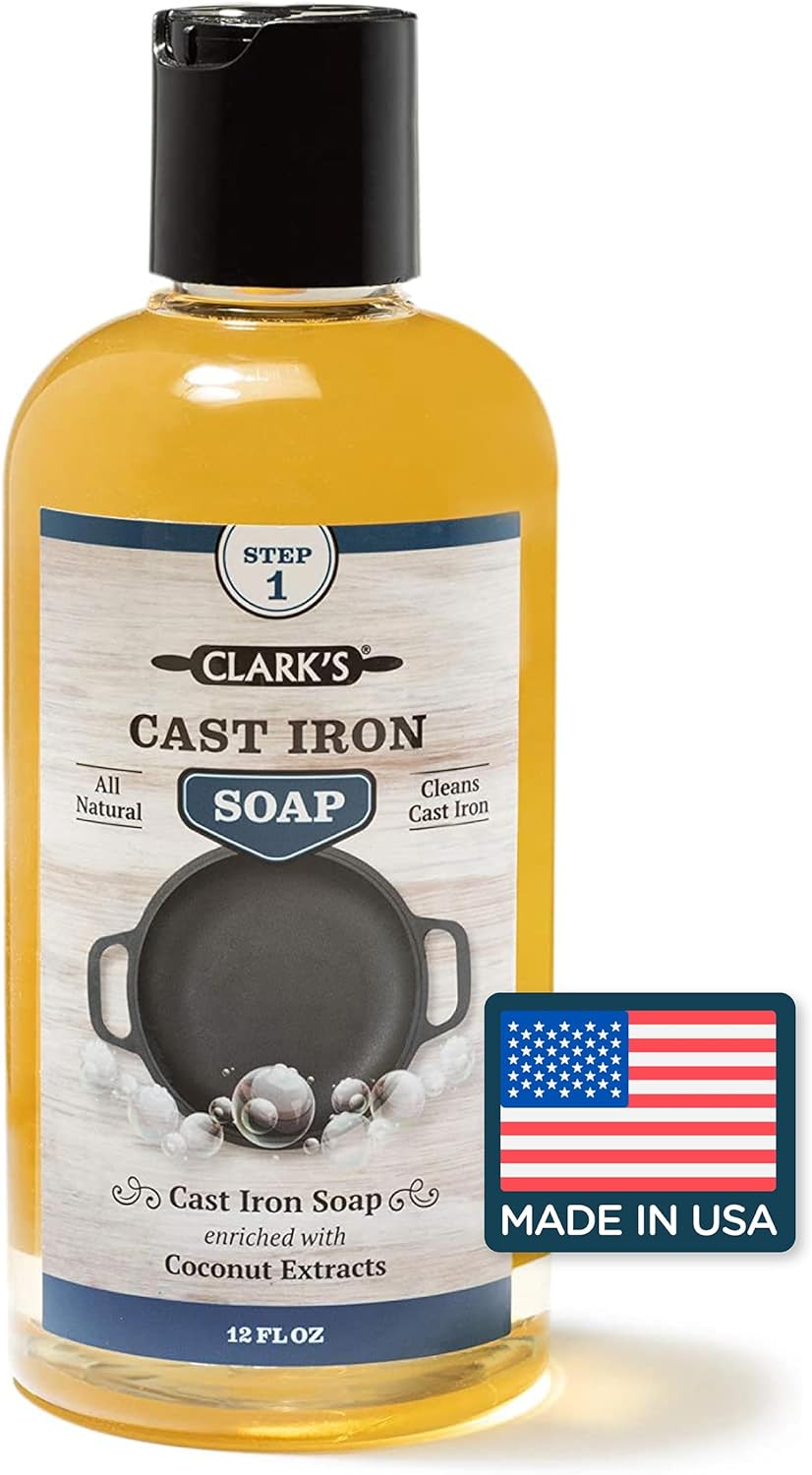 CLARK'S Cast Iron Coconut Soap 12 oz - Plant Based Castile and Refined Coconut Soap for Cast Iron and Carbon Steel Cookware - Vegan Friendly - No Mineral Oil to Prevent Rust from Cleaning Cast Iron