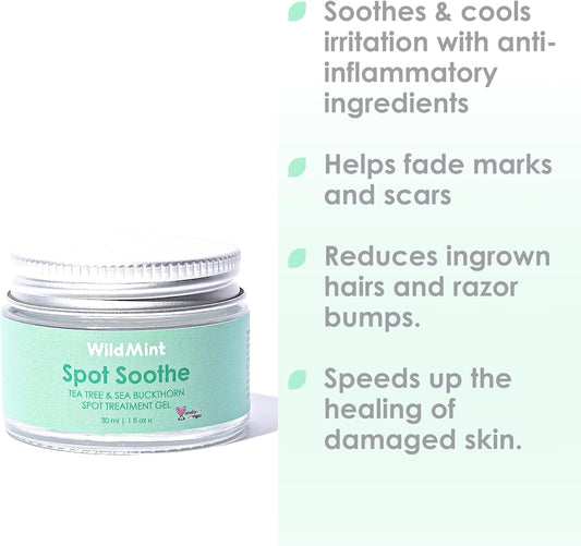 WildMint Spot Soothe Natural Spot Treatment Gel | Reduces Breakouts, Scars & Irritation | Tea Tree Healing Serum for Acne Prone Skin, Blemishes, Redness & Ingrown Hairs | Cruelty-Free UK Skincare 30ml