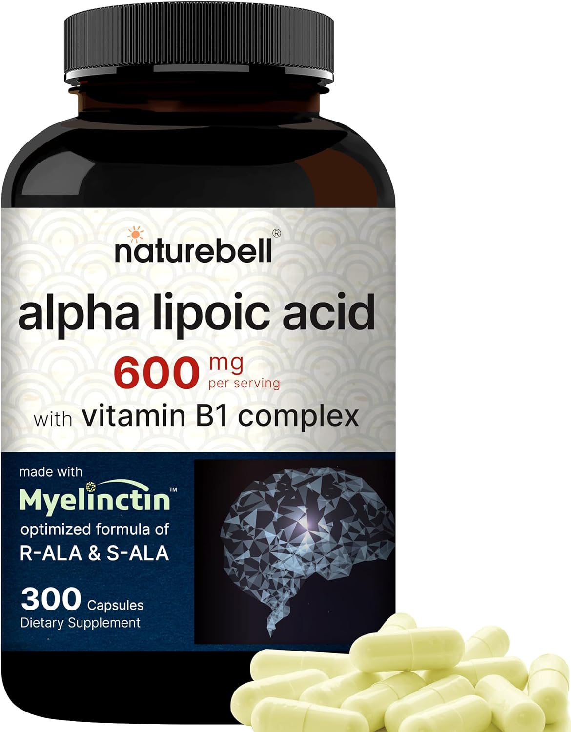Alpha Lipoic Acid 600mg w/ B1 Complex | 300* Capsules, 4 in 1 Myelinctin Formula, R-ALA | S-ALA | Thiamine | Benfotiamine, High Bioavailability and Potency, Third Party Tested, Non-GMO & NO Gluten