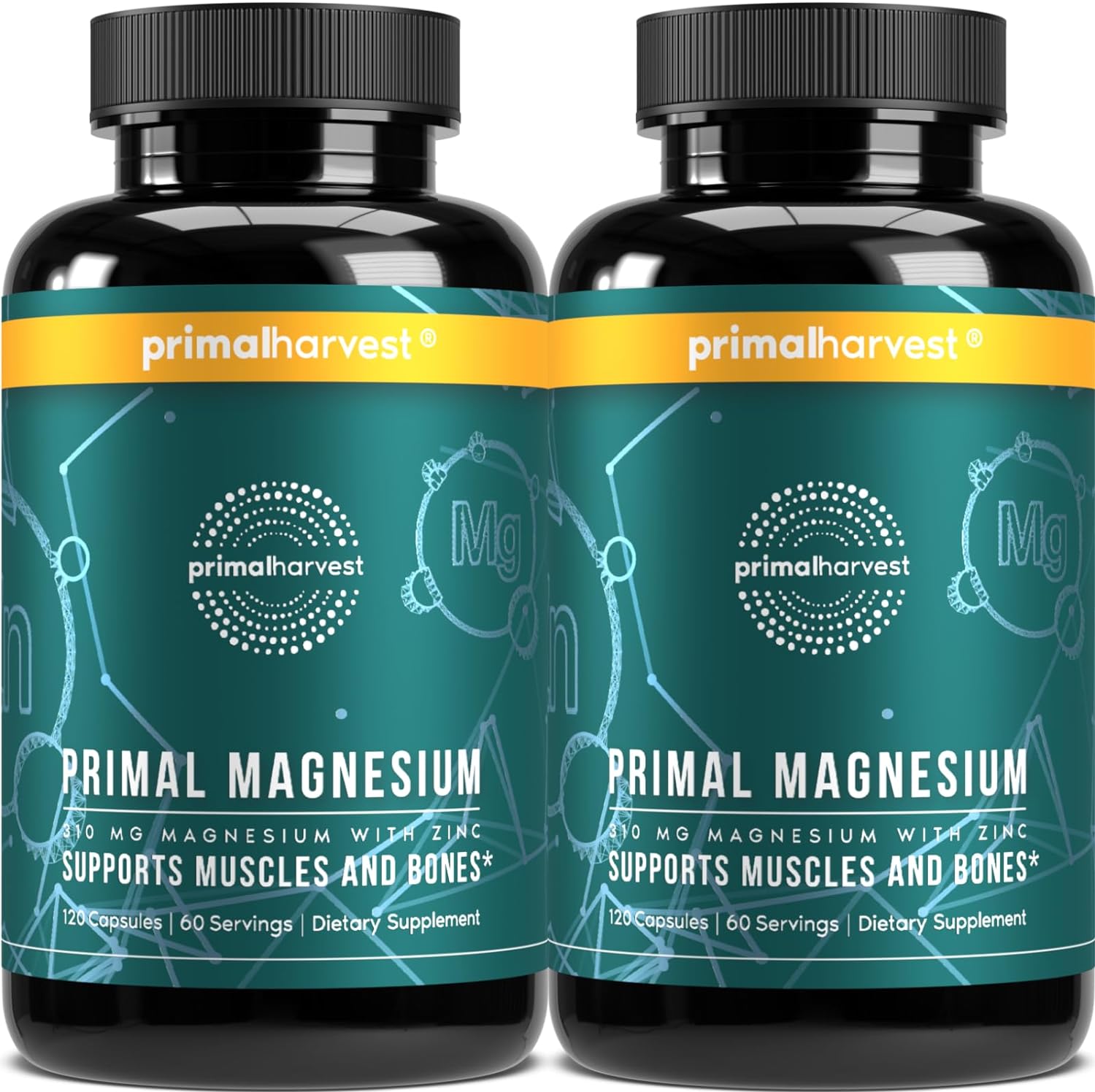 2 Pack, Magnesium Supplement Complex 310Mg By Primal Harvest With Magnesium Glycinate, Citrate, Malate, And Zinc 120 Capsules