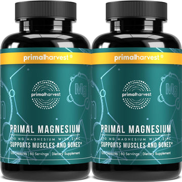 2 Pack, Magnesium Supplement Complex 310Mg By Primal Harvest With Magnesium Glycinate, Citrate, Malate, And Zinc 120 Capsules