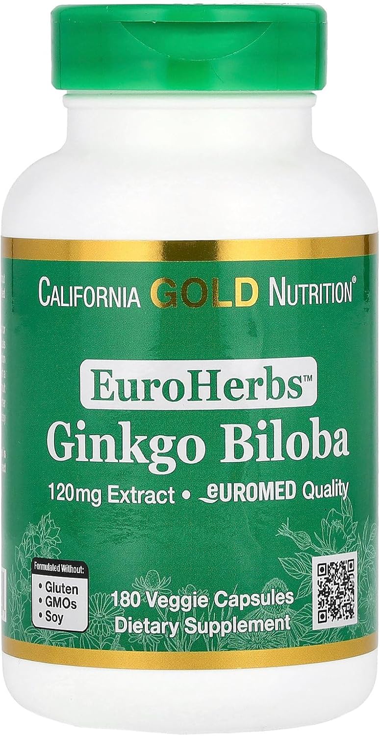 Ginkgo Biloba Extract, Euroherbs, Supports Cognitive Health, Standardized To 22% Flavone Glycosides, 5% Terpene Lactones, 120 Mg, 180 Veggie Capsules