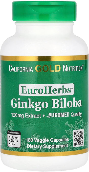 Ginkgo Biloba Extract, Euroherbs, Supports Cognitive Health, Standardized To 22% Flavone Glycosides, 5% Terpene Lactones, 120 Mg, 180 Veggie Capsules