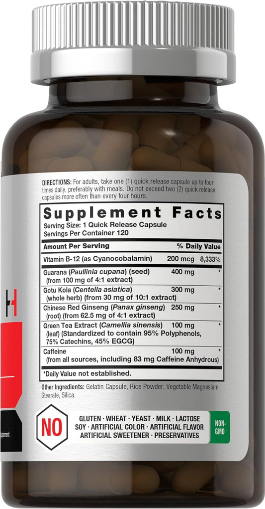 Horbäach Ultra Energy Supplement | 120 Capsule Pills | With Caffeine & Vitamin B12 | Daily Energy Booster | Non-Gmo, Gluten Free