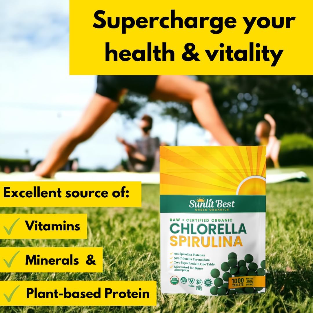 Sunlit Best Organic Burst Chlorella Spirulina Tablets - Pure Superfood Supplement with Blue Green Algae, Chlorophyll & Vegan Protein, Spirulina Chlorella Pills 1000 Tabs : Health & Household