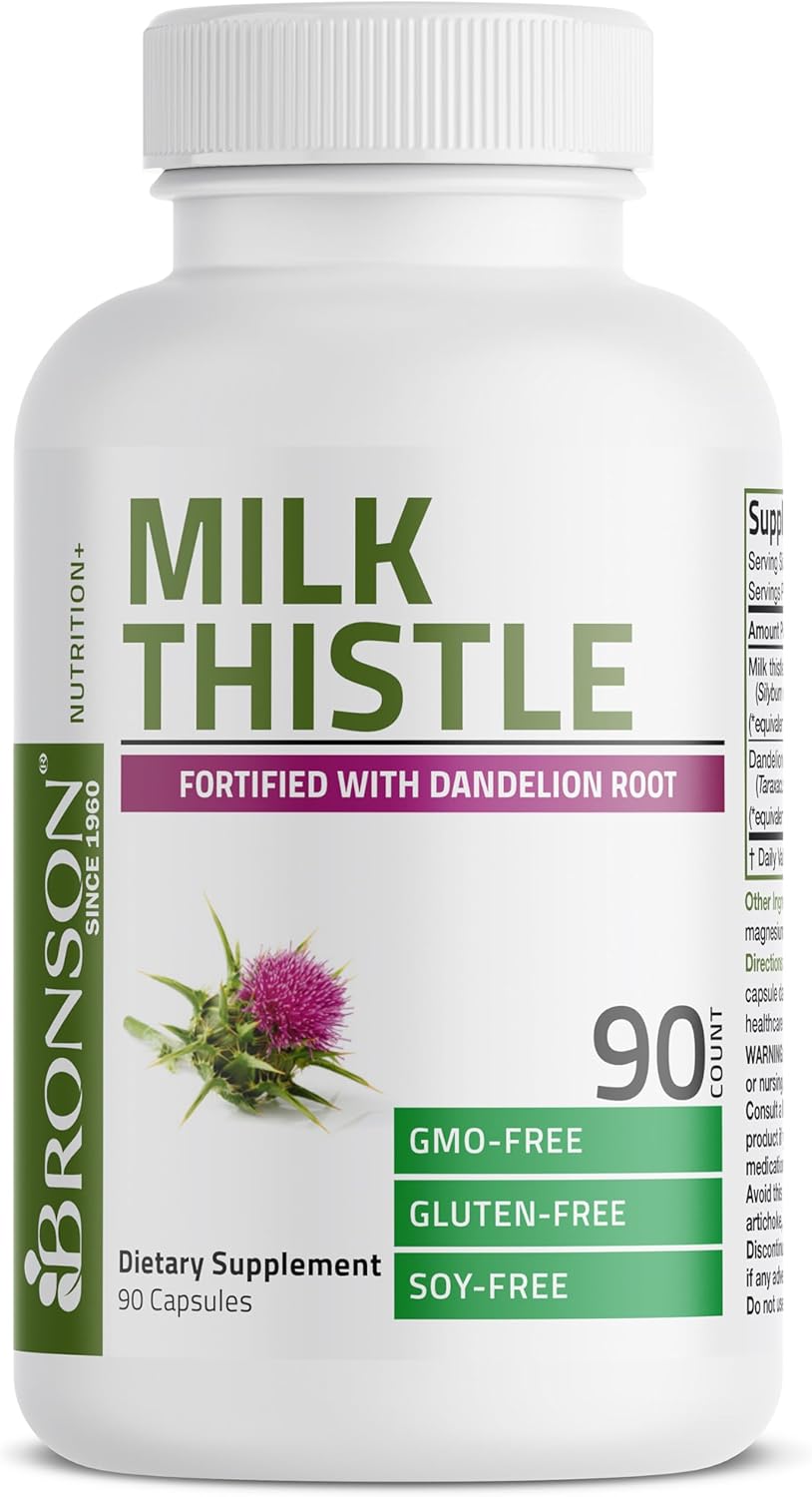 Bronson Milk Thistle Silymarin Marianum & Dandelion Root Liver Health Support, Antioxidant Support, Detox, 90 Capsules