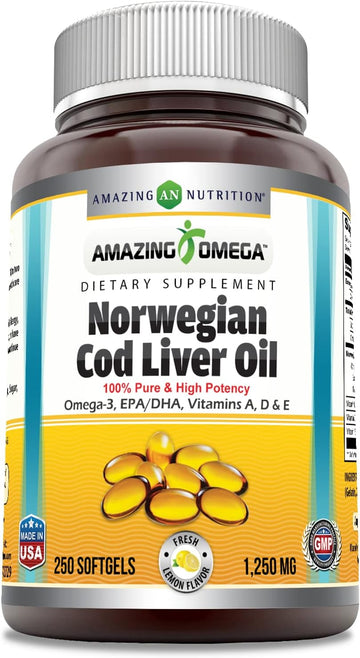 Amazing Omega Norwegian Cod Liver Oil 1250 Mg Softgels Supplement | Omega-3, EPA, DHA, Vitamin A, Vitamin D & Vitamin E (Orange | 250 Count)