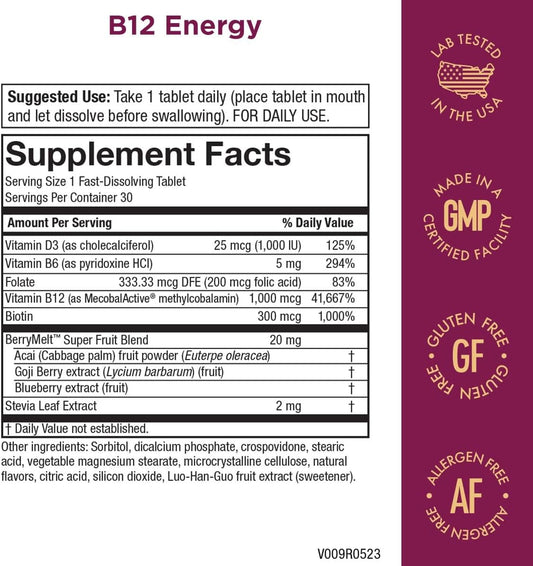 Purity Products B-12 Energy Berry Lemonade Melt w/Super Fruits Methylcobalamin B12 - Vitamins B6, D3, Folic Acid and Biotin - High Absorption MecobalActive B 12-30 Melting Tablets
