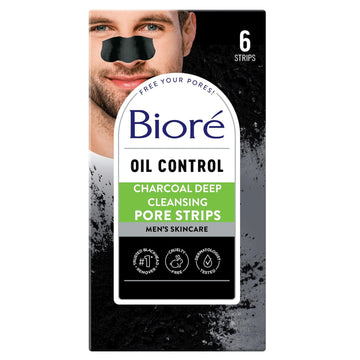 Bioré Men'S Pore Strips For Blackhead Removal - Deep Cleansing Nose Strips With Natural Charcoal For Instant Pore Unclogging, 6 Count