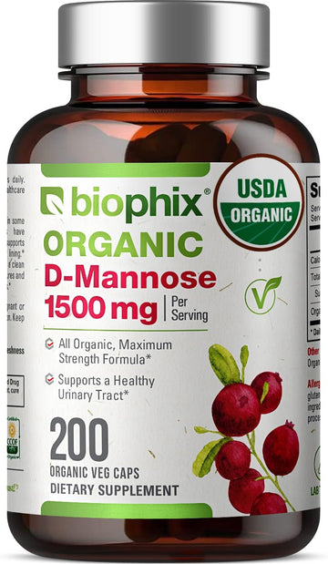 Biophix D-Mannose Usda Organic 1500 Mg 200 Veggie Caps - Supports A Healthy Bladder Urinary Tract, Non-Gmo, Vegan-Friendly