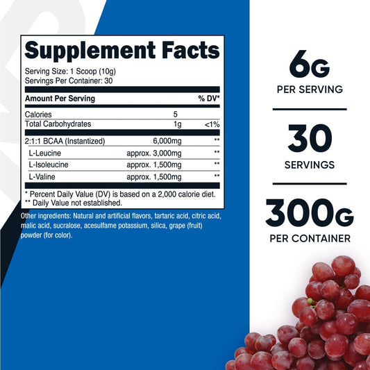 Nutricost BCAA Powder (Grape, 30 Servings) - Optimal 2:1:1 Ratio, Vegetarian, Non-GMO