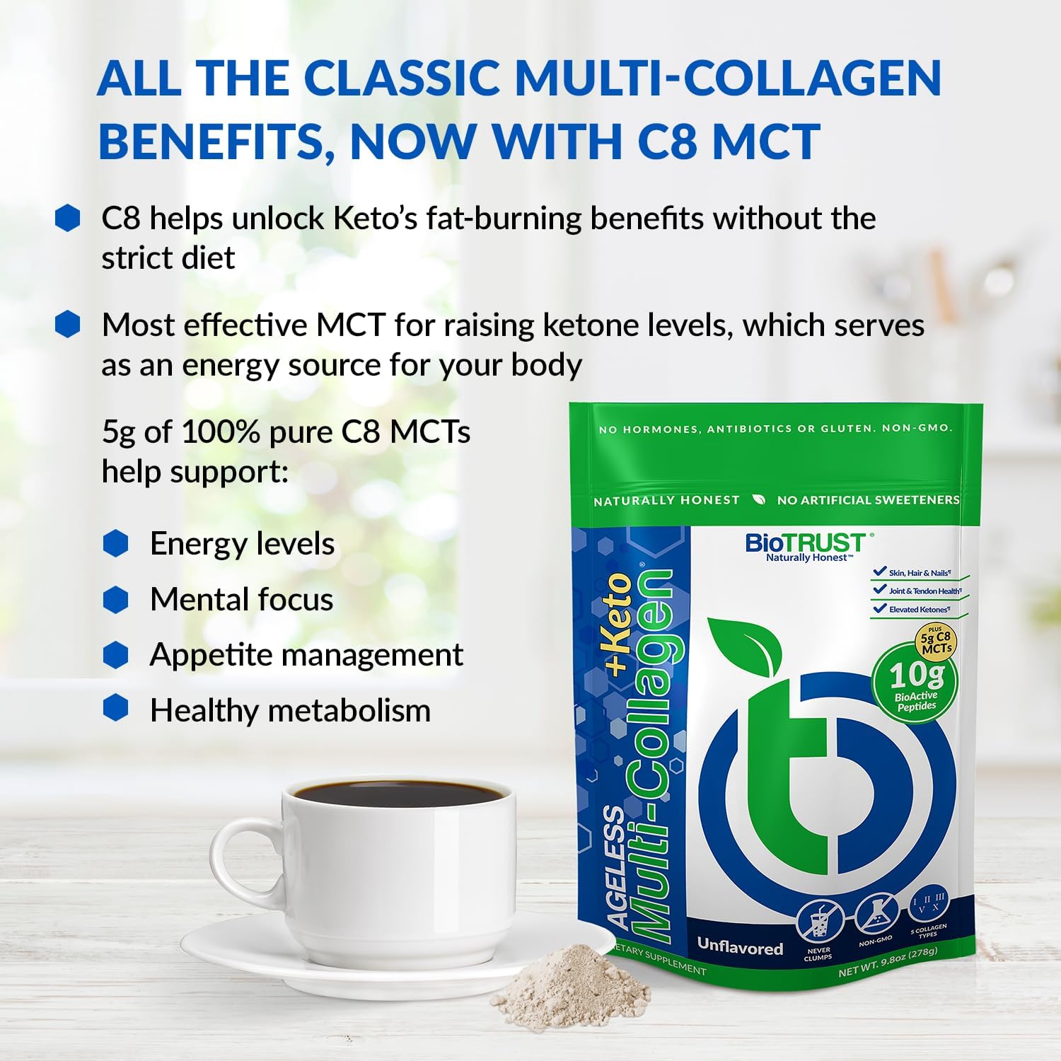 BioTrust Multi Collagen Protein Powder + Keto MCT Oil – 5 Collagen Types Plus 100% Pure Caprylic Acid C8 - Support Elevated Ketones, Metabolism, Joints & Beauty All in 1 Collagen Powder (Unflavored) : Health & Household