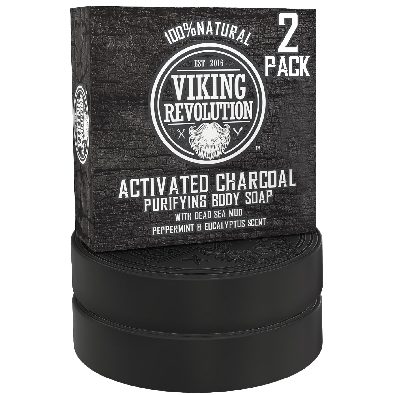 Viking Revolution Skin Cleaning Agent Activated Charcoal Soap For Men W/Dead Sea Mud, Body And Face, Cleanser,Cleansing Blackheads - Peppermint & Eucalyptus Scent 0.7 Fl Oz (Pack Of 2)