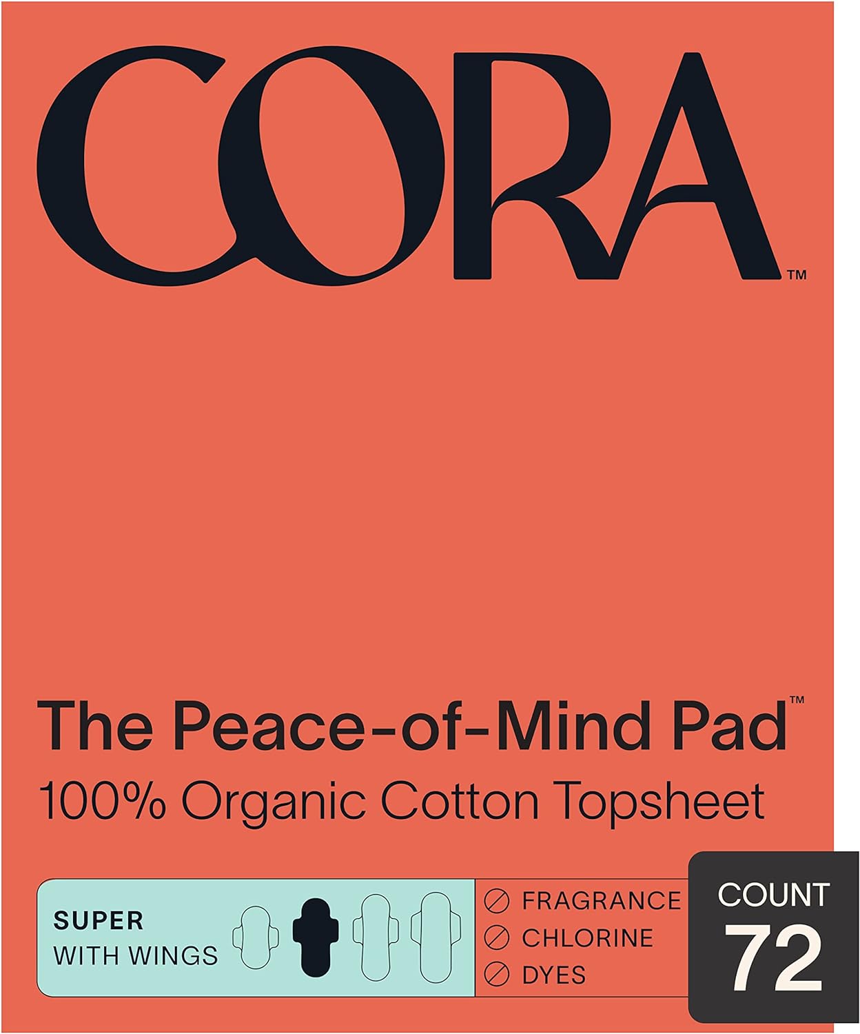 Cora Organic Pads | Ultra Thin Period Pads with Wings | Super Absorbency | Ultra-Absorbent Sanitary Pads for Women | 100% Organic Cotton Topsheet (72 Count)