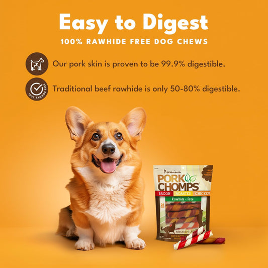 Pork Chomps Baked Pork Skin Dog Chews, 6-Inch Twists, Assorted Flavors, 24 Count