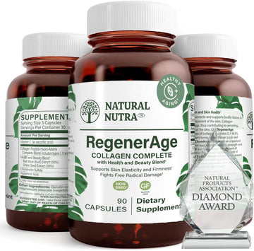 Natural Nutra Regenerage Complete Supplement For Skin Health With Protein Peptides, Contributes Overall Health, Vitamin C, Grape Seed Red Wine Extract, Gluten Free, 90 Capsules