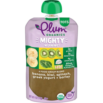 Plum Organics Mighty Morning Organic Toddler Food - Banana, Kiwi, Spinach, Greek Yogurt, and Barley - 4 oz Pouch - Organic Fruit and Vegetable Toddler Food Pouch
