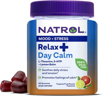 Natrol Relax + Day Calm With L-Theanine, 5-HTP and Lemon Balm, Drug-Free Dietary Supplement for Mood and Stress, 60 Tropical Fruit Punch-avored Gummies, 30 Day Supply