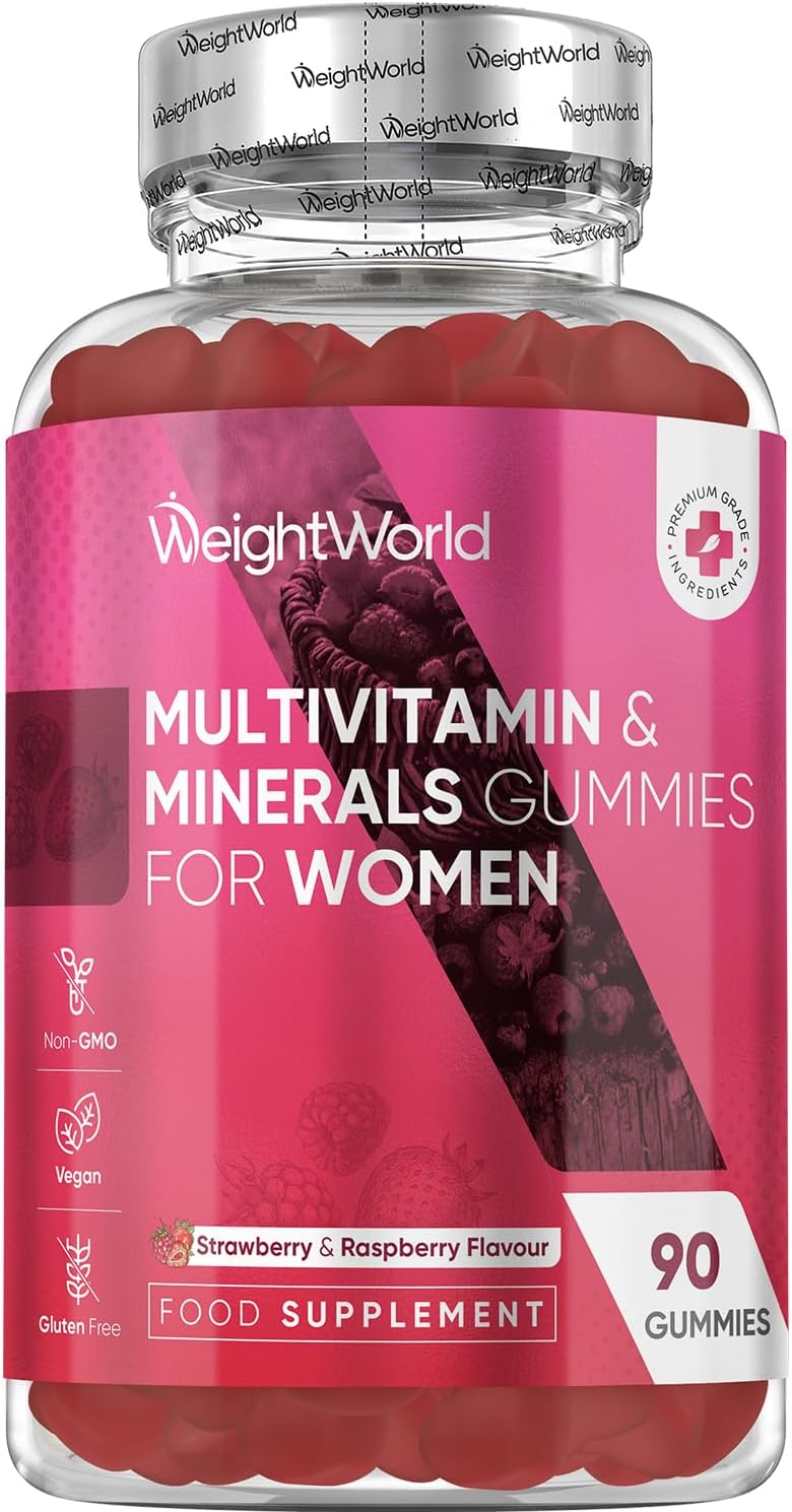 Multivitamin Gummies For Women - 13 Active Ingredients - 90 Gummies - Natural Strawberry & Raspberry Flavour - Women Multivitamins With Zinc, Calcium, Hyaluronic Acid & Vitamins A, C, B6, B7, B9 & B12