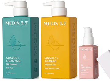 Medix 5.5 Vitamin C Body Cream + Glycolic Acid Exfoliating Body Wash + 3% Hyaluronic Acid Hydrating Booster Serum Set