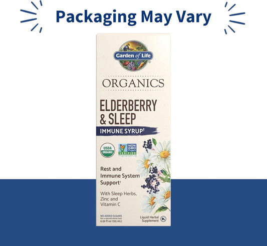Garden Of Life Organics Elderberry & Sleep Immune Syrup - Immune Support For Adults And Kids 12 And Older With Zinc And Vitamin C, Organic Liquid With Sleep Herbs, No Added Sugars, 6.59 Fl Oz