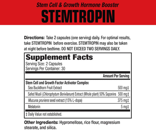 MuscleMeds STEMTROPIN Stem Cell & Growth Factor Booster, Natural Supplement for Performance Enhancement & Anti-Aging, Muscle Building and Recovery, 60 Veggie Capsules