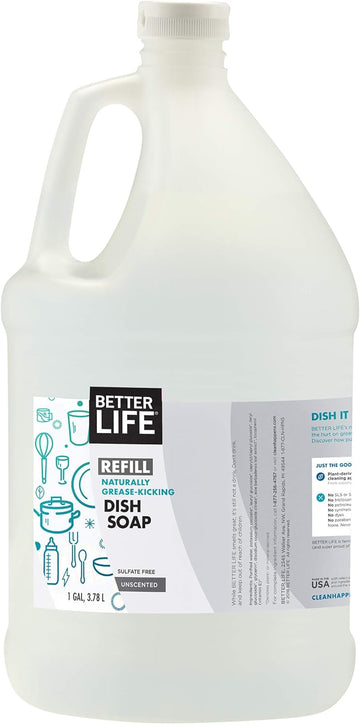 Better Life Dish Soap - Liquid Dishwashing Soap With Vitamin E And Aloe For Home & Kitchen Sink - No Gloves Required Kitchen Soap For Sensitive Skin - 1 Gal Refill Unscented